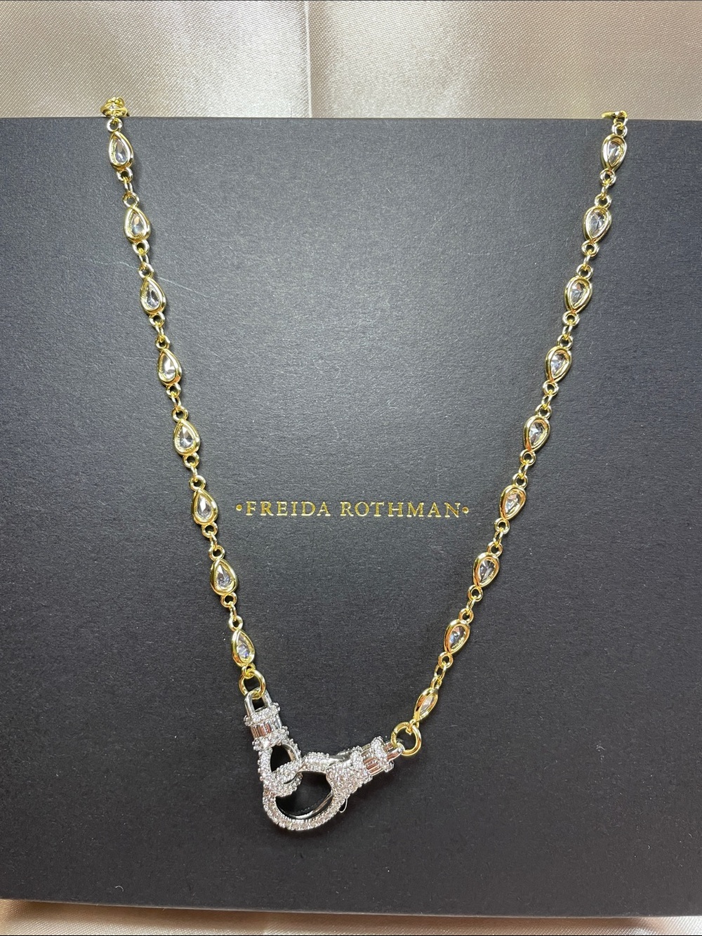 Freida Rothman Two-Tone Bezel Pave Clasp Necklace NWT $169 MSRP